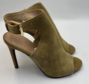 Botines/tacones Tory Burch Brittania de gamuza tostada punta abierta para mujer talla 6,5 M - Imagen 1 de 12