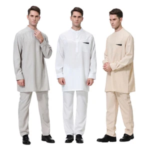 Men Thobe Jubba Two Piece Men Kaftan Top Long Pant Set Muslim Men Robe Dishdasha - Picture 1 of 42