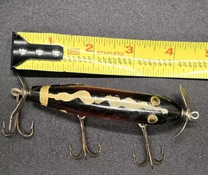 Señuelo de pesca de madera vintage doble hilandero 3 ganchos peces antiguo - Imagen 1 de 15