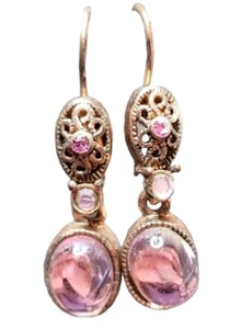 Rosa Glas Kupfer Ton Ohrringe Oval Runde Form Glas Tropfen Hänger Filigran Stil - Bild 1 von 6