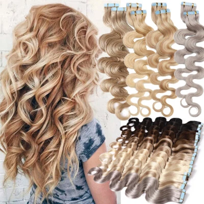 US 150g Full Head Thick Tape in Remy Real Human Hair Extensions Skin Weft Wavy T - Image 1 of 4