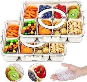 Snackle Box Charcuterie Container 2 Pack Divided Serving Tray with Lid and Handl - Picture 1 of 7