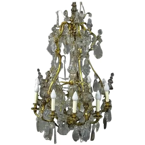 Brass Louis XVI Style 1930s Crystal Pendant Chandelier with Crystal Spires Cover