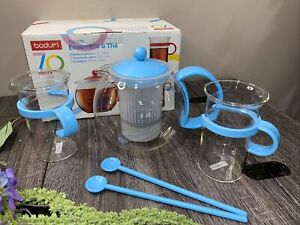 Bodum Assam Tea Set with Tea Press ~ 2 Glass Mugs 2 Spoons Blue Limited Edition