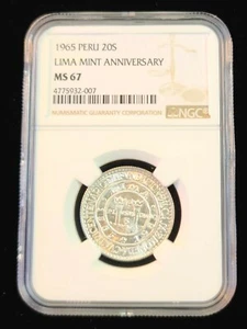 1965 PERU SILVER 20 SOLES LIMA MINT ANNIVERSARY NGC MS 67 GREAT LUSTER GEM BU - Picture 1 of 5