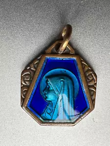Antique 1930 French Religious Brass Brooch with Blue Enamel - Lourdes Souvenir - Picture 1 of 6