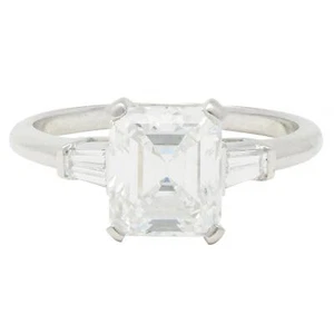 Mid-Century 2.17 CTW Emerald Cut Diamond Platinum Three Stone Engagement Ring - Picture 1 of 11
