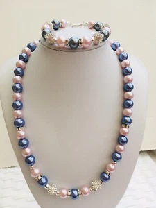 Flamingo & grey Glass Faux Pearl bracelet Necklace Set Silver Pave Rhinestones. - Picture 1 of 9