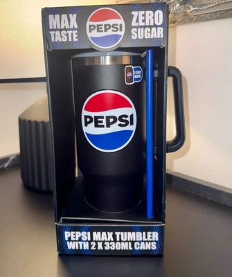 NEW Pepsi Max Steel Tumbler Cup 1200ml capacity with 2 x 330ml Cans & Blue Straw - Image 1 of 3