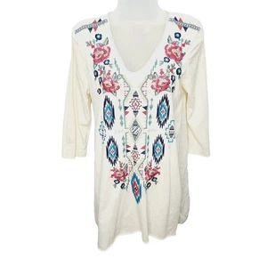 Johnny Was 3/4 Sleeve Cream V Neck Floral & Aztec Embroidery Sheer Back Top - Picture 1 of 13