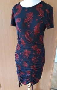 H&M Black & Red Tiger Print Oriental Style Stretch Bodycon Ruched Dress Sz L - Picture 1 of 24
