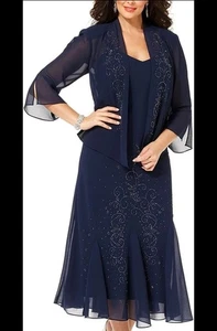 R&M Richards Formal Set Jacket Dress 2-Piece Navy Chiffon Beaded Dress Size 20W - Picture 1 of 10