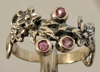 PZ Paz 925 Israel Sterling Silver Ring Band Size 8.25 Floral Pink Stones Boho - Image 1 of 4