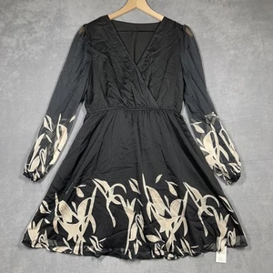 Cupshe Kleid Damen Medium Schwarz Hellbraun Langarm A-Linie Blumen Transparent Gefüttert Neu - Bild 1 von 9