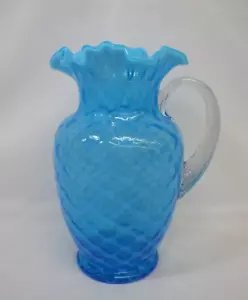 Fenton Glass DIAMOND OPTIC BLUE Opalescent Ruffled Pitcher EXCLNT Crimped Fluted - Picture 1 of 14