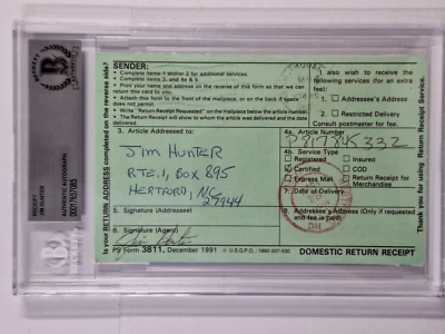 JIM CATFISH HUNTER SIGNED RETURN RECEIPT FROM 1992 1/1 BECKETT CERT#7085 - Image 1 of 3