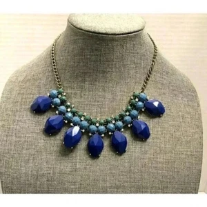 J Crew Bold Large Blue and Teal Faceted Bead Summer Statement Necklace Sparkle - Picture 1 of 14