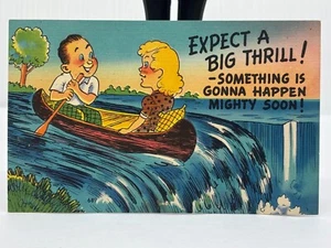 Vintage Leinen Postkarte lustig Ehepaar Cartoon ERWARTEN SIE EINEN GROSSEN NERVENKITZEL nicht verschickt - Bild 1 von 7