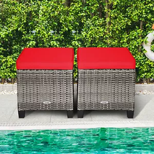 Set of 2 Rattan Patio Ottoman Footrest Wicker Footstool w/ Red Cushions - Picture 1 of 7