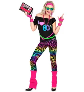 80er JAHRE Neon Kostüm Set: Leggings, T-Shirt, Stirnband, Stulpen und Armbänder - Bild 1 von 28