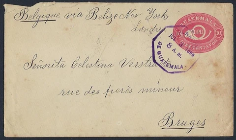 GUATEMALA 1896 BELGIUM TEN CENTS POSTAL COVER TO BRUGES BELGIUM STEAMSHIP COVER Cover
