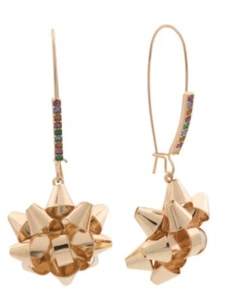 Orecchini pendenti Betsey Johnson fiocco oro con strass natalizi - Foto 1 di 5