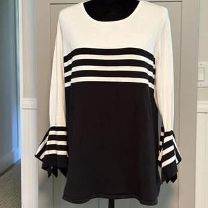 Alfani Black White Stripe Sweater Fancy Flare Sleeve Top Blouse Sz. XL Vrew Neck - Picture 1 of 10