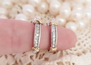 14k White & Yellow Gold Diamond Drop Hoop Stud Earrings – 7 Stones - Picture 1 of 4