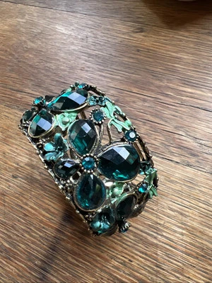 Statement Wide Clamper Cuff Bracelet ~ Green Rhinestone Flowers & Dragonflies - Image 1 of 4