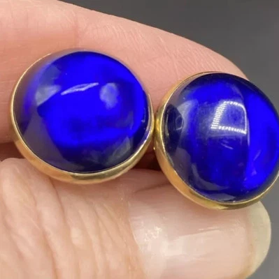 Vintage Gold Tone Hickok Cufflinks Cobalt Blue Pinched Dome Lucite Cabochon - Image 1 of 4