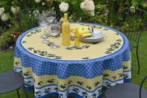 Tablecloth Non-Iron Round 180 Cm Yellow Blue Olive Motif From France Provence - Picture 1 of 6