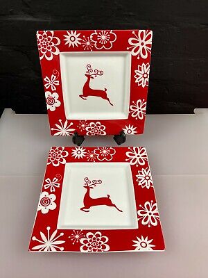 2 x Spode Party Time Red White Deer / Reindeer Square Salad Plates 21 cm Set>