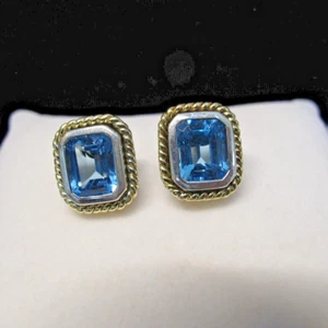 Leon Sterling Silver 925 14KT 7mm Emerald Cut Blue Topaz Earrings 11.9g C803 - Picture 1 of 8