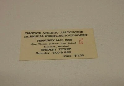 Boleto de lucha libre Maryland Tri State Tourney 1969 raro Frederick, MD JOHNSON HS Foto 1 de 3