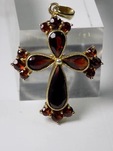 Vintage Charm Anhänger Kreuz Granat Saatperle Silber 925er FKE Vergoldet Floral - Bild 1 von 7