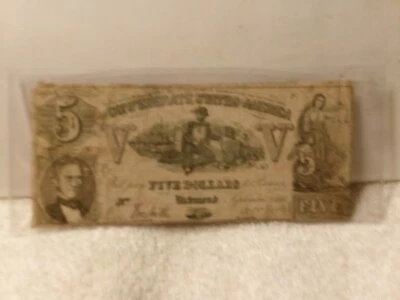 Authentic Confederate $5 Note Currency 1861 Type 37 284    A Rarity 6 - Image 1 of 3