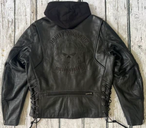 Harley Davidson Men Willie G Skull Black Leather Jacket Hoodie L 3in1 97050-11VM - Picture 1 of 12
