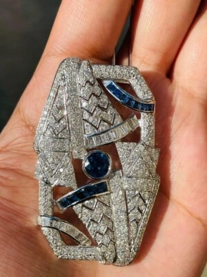 Art Deco Style 11.89CT Multi Cut Blue & White Sapphire Rectangular Women Brooch - Image 1 of 4