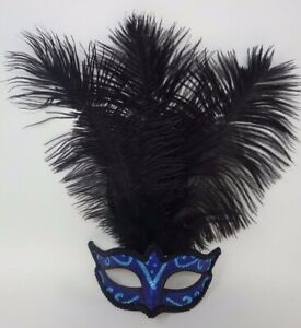  BLUE BLACK TURQUOISE VENETIAN MASQUERADE CARNIVAL BALL PARTY EYE FEATHER MASK