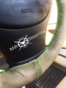 BEIGE LEATHER STEERING WHEEL COVER FOR MERCEDES SL R129 89-01 GREEN DOUBLE STCH - Picture 1 of 3