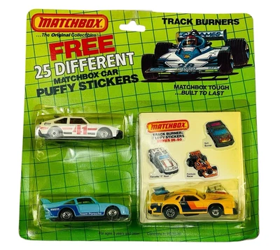 Matchbox Superfast Track Burners Puffy  Sticker 3-Car Set - Carded Die Cast - Image 1 of 4