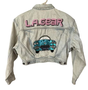 Chaqueta corta de mezclilla con lentejuelas LA Gear Crop Car años 80 lavado ácido talla M - Imagen 1 de 12