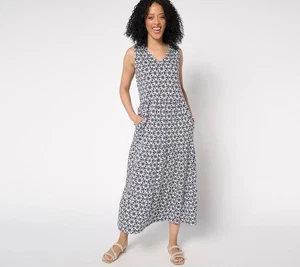 Denim & Co. Petite Printed Linen Blend V-Neck Tiered Midi Dress Charcoal Grey S - Picture 1 of 3