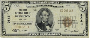 Five Dollar Bank Note,  First National Bank of Brushton New York, series of 1929 - Picture 1 of 2