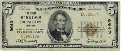Five Dollar Bank Note,  First National Bank of Brushton New York, series of 1929 - Image 1 of 2