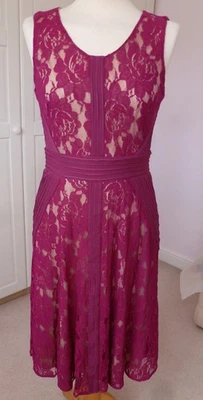 LINEA Sz 10 DEEP PINK LINED NATURAL LACE  SLEEVELESS DRESS WAIST DETAIL IMMAC. - Image 1 of 4