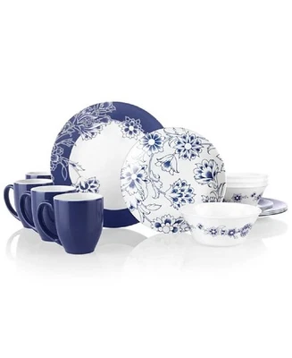 ❤️ NEW 20-pc Corelle INDIGO BLOOMS Dinnerware Set Dark Blue Band w/Floral Sketch - Image 1 of 4