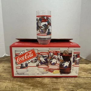 7 Coca Cola Polar Bear Hockey Glasses 16 oz 1995 Indiana Glass Winter Set In Box - Picture 1 of 8