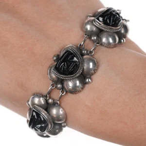 Pulsera Máscaras Cristal Moldeado Plata Mexicana Años 40 7" - Imagen 1 de 7