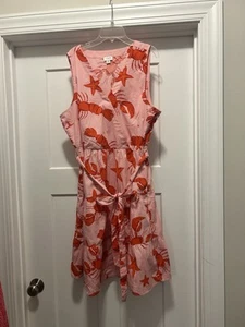 j.crew faux wrap dress women size 16 pink red lobster crawfish tiered vacation - Picture 1 of 9